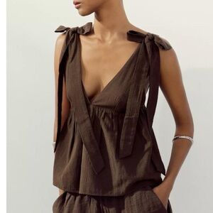 NWT Zara Organic Plunge V-neck Bow Strap Tank Top in Chocolate Brown - XS